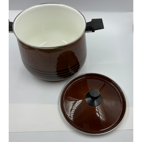 Vtg West Bend Brown Enamelware Scandia Bean Stock Pot W Lid Handles MCM - Picture 13 of 13